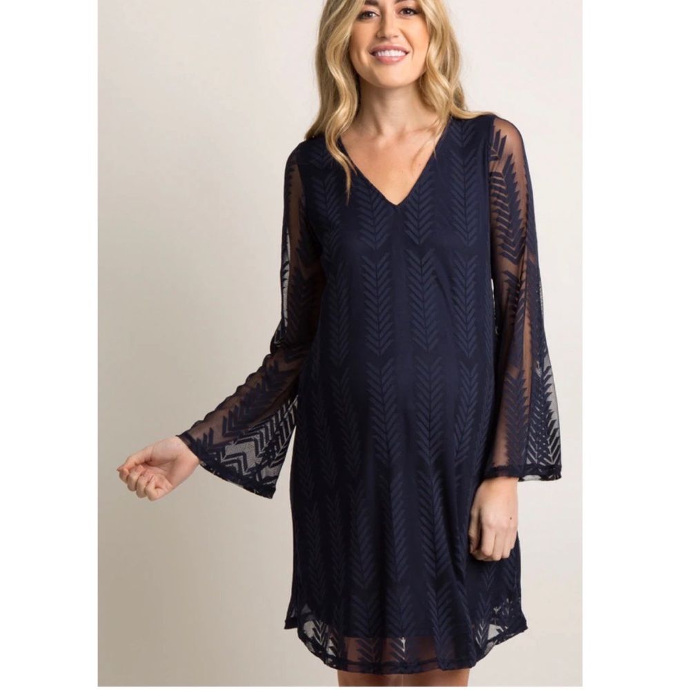 PinkBlush Navy Chevron Mesh Long Sleeve Short Maternity Dress